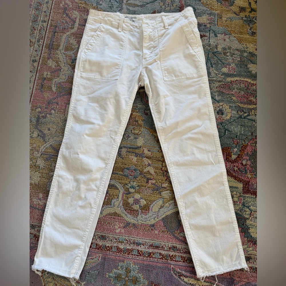Nili Lotan White Jenna Pant Twill Cotton Crop Distressed Hem Size 4